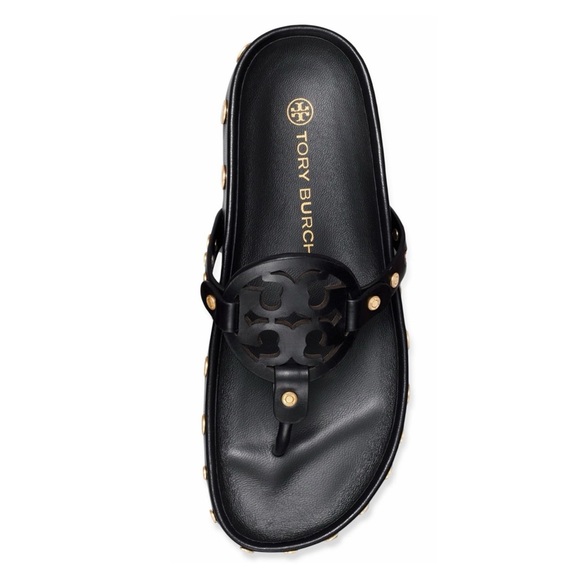 NWT Tory Burch Miller Cloud  Gold Coin Thong Sandals Perfect Black Size 11 M - Picture 6 of 11